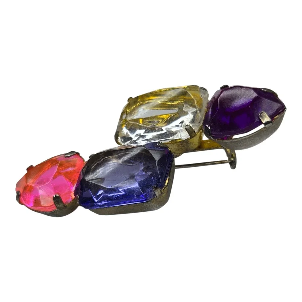 Vintage Brooch Glass Multi Heart Emerald Cut Rhinestone Vintage Pin Pink Purple